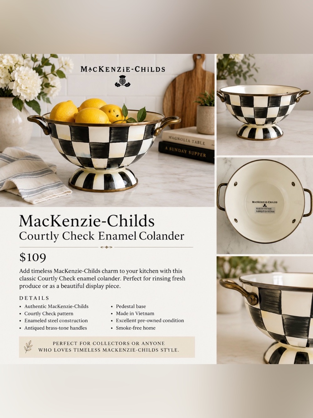 MacKenzie-Childs Black & Cream Courtly Check Enamel Pedestal Colander